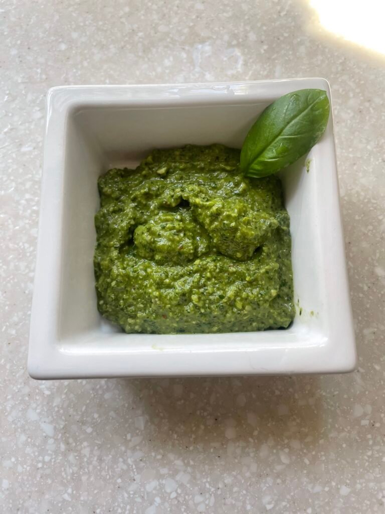Almond pesto is easy to make with fresh basil